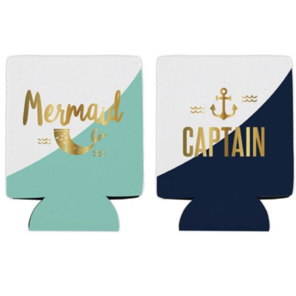 Set of 2 Gold Lettered Aqua Blue Mermaid & Navy Blue Captain Can Koozie Set Cool - Picture 1 of 1